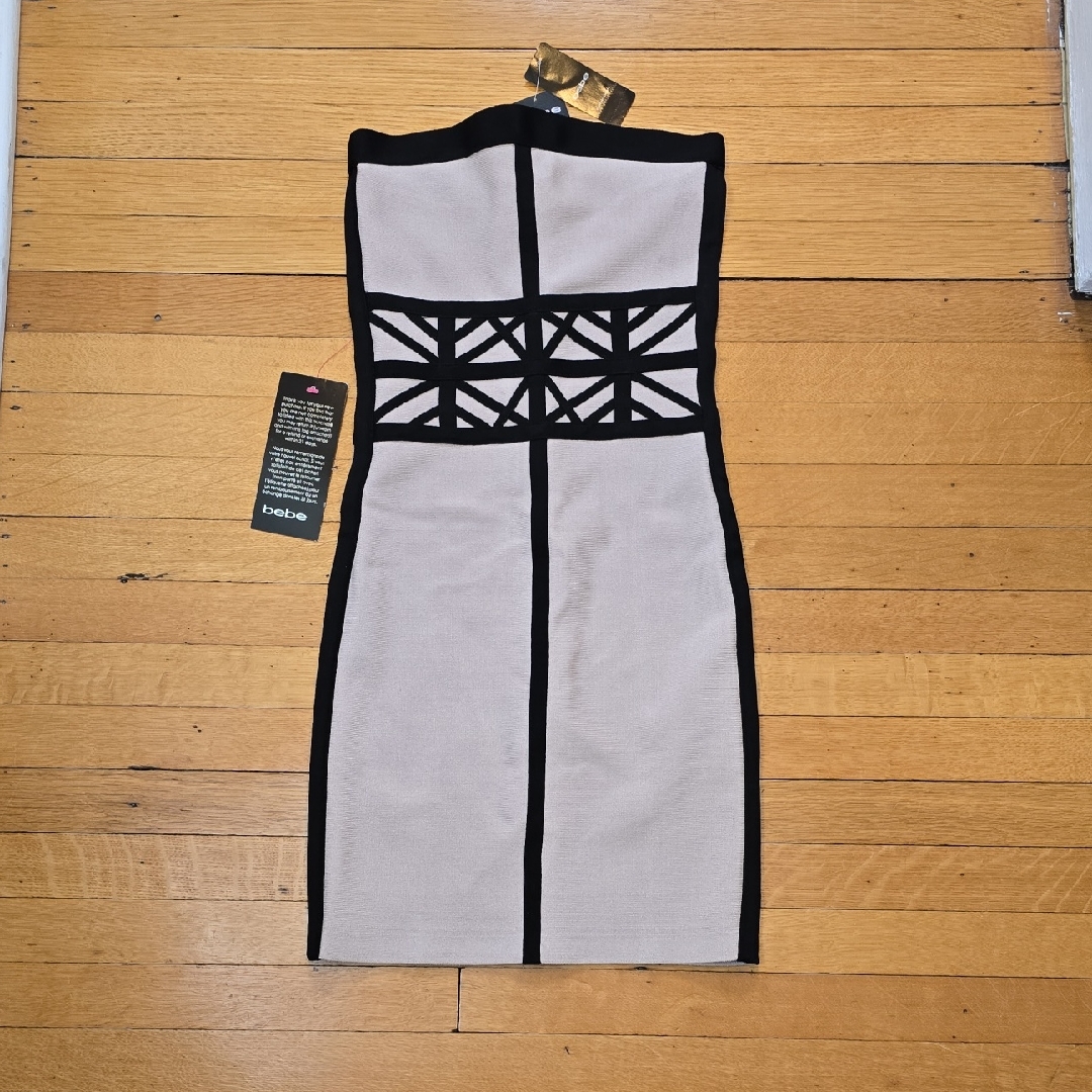Nwt, Bebe, Bandage Strapless Mini Dress, Tan & Black, Women's S